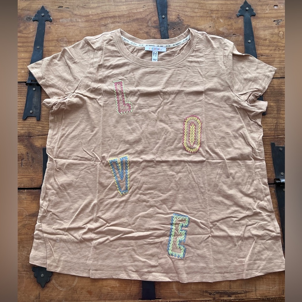 Peace Love World Tan Short-Sleeve‎ Tee with Colorful 'LOVE' Appliqué